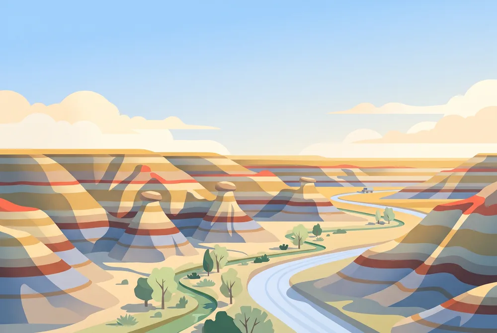 Illustration of striped badland hills and hoodoos in southern Alberta, with a creek lined by cottonwoods and a gravel road along the valley floor