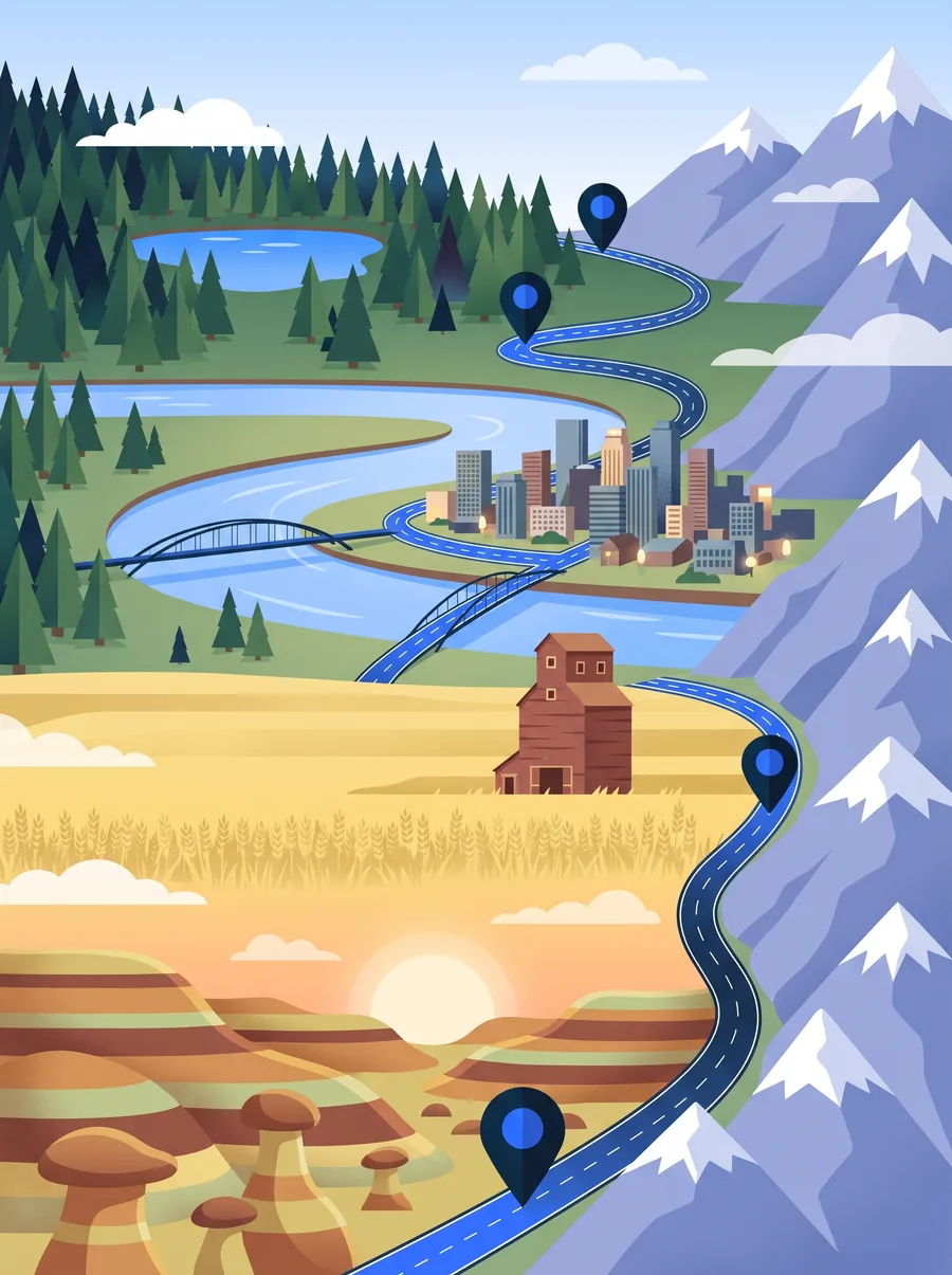 Illustration of Alberta as one tall landscape: boreal forest, a river valley city, prairie fields with a grain elevator, badlands and the Rockies, linked by one winding road with five map pins
