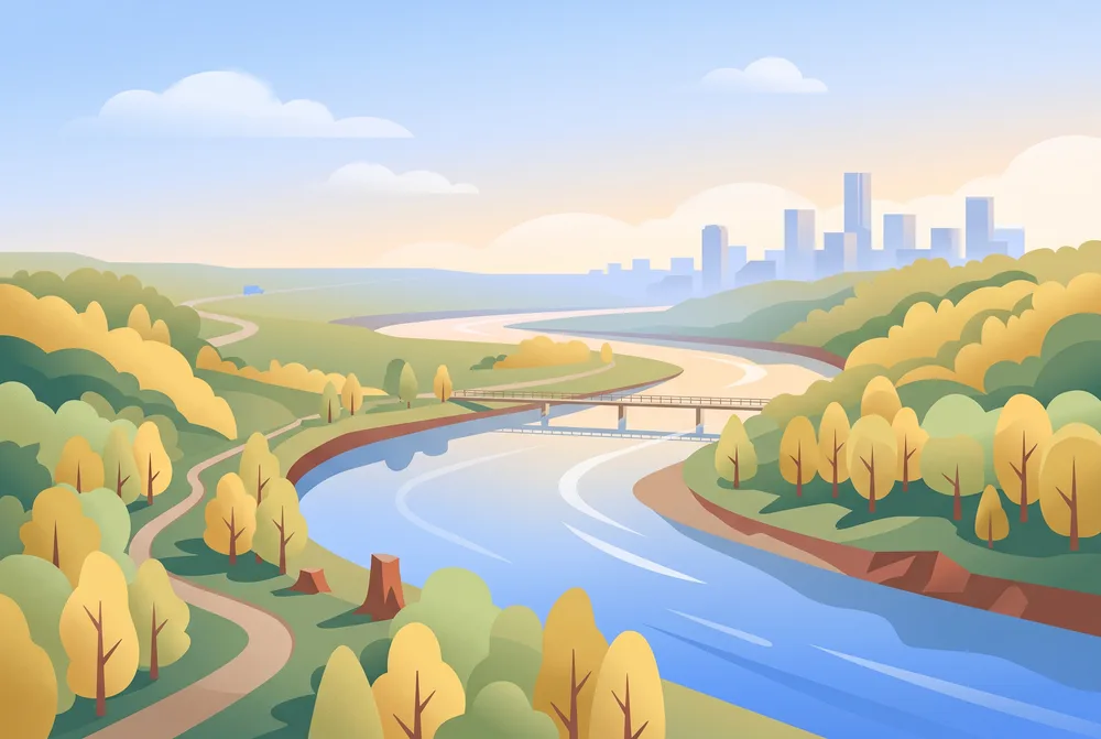 Illustration of a wide river winding through a wooded valley in autumn colours, with a footbridge and a hazy city skyline in the distance