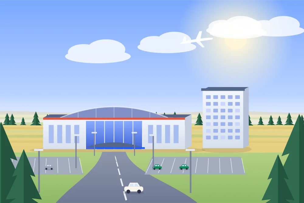 Illustration of a casino near Calgary airport, with a hotel next door and a plane overhead