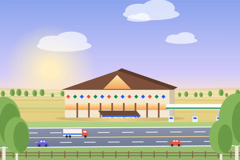 Illustration of a casino beside a fuel stop on a prairie highway