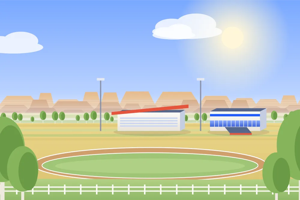 Illustration of a racetrack and event centre in Lethbridge, with coulees beyond