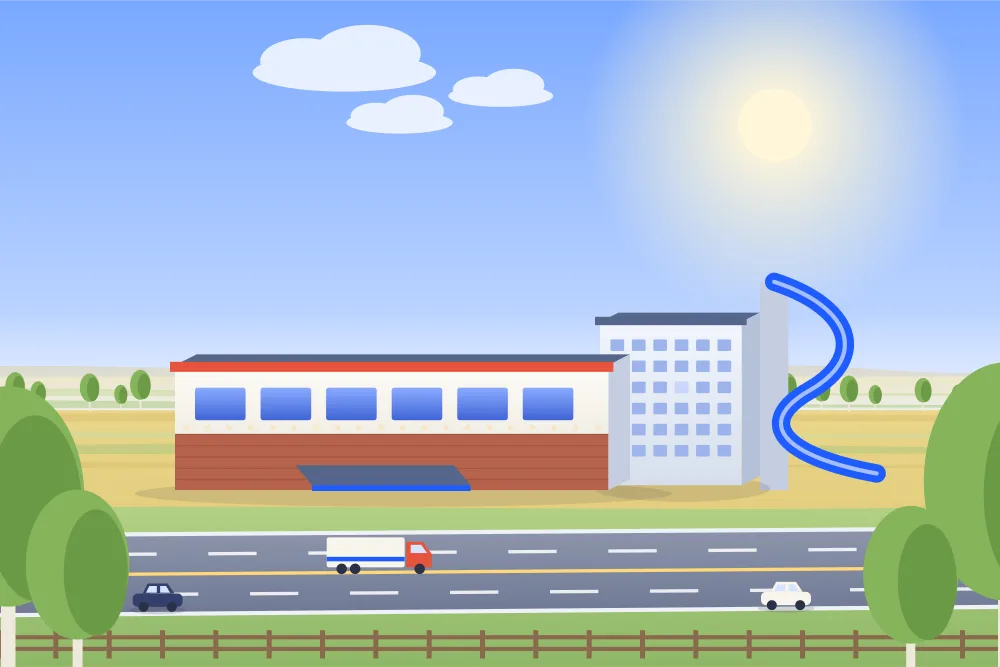 Illustration of a casino with an adjoining hotel and a water slide tube beside a prairie highway