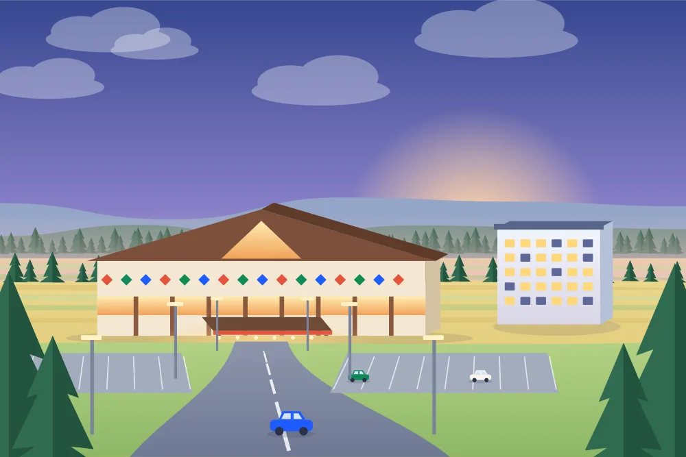 Illustration of a casino and a hotel facing each other across a parking lot, boreal forest behind