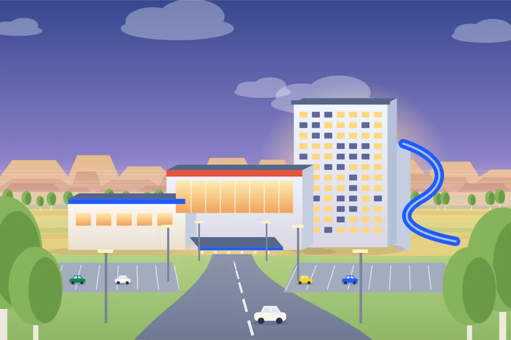 Illustration of a hotel with a water slide tower and casino in Medicine Hat, coulees behind
