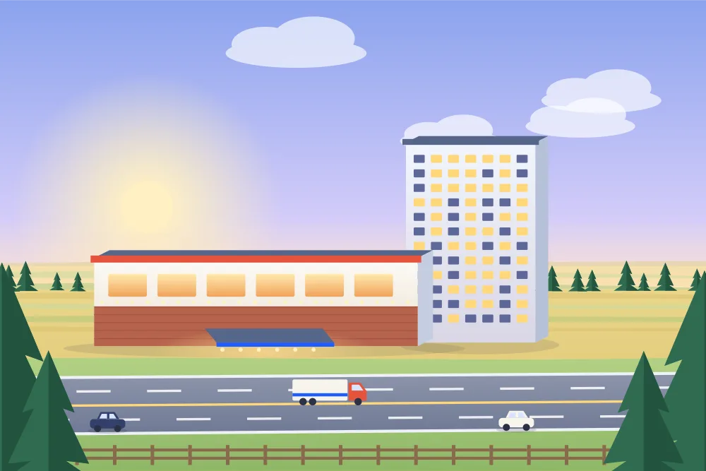 Illustration of a hotel tower and casino beside a highway on the southeast edge of Calgary