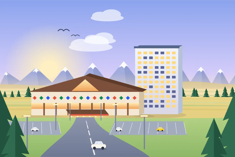 Illustration of a resort hotel and casino on the edge of Calgary, with the Rockies on the horizon