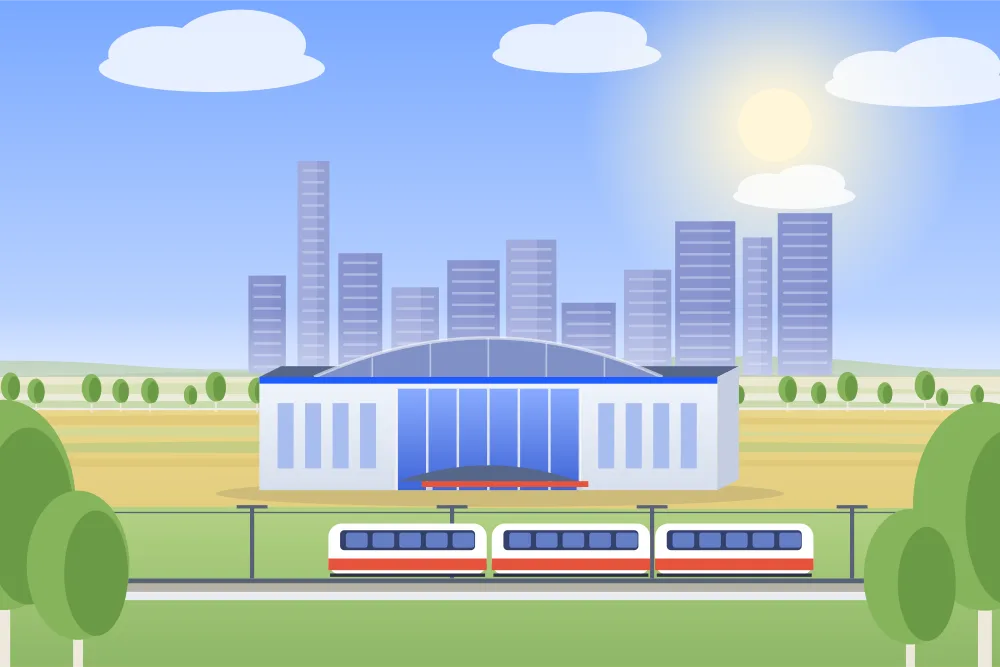 Illustration of a casino in southeast Edmonton with a light-rail train passing in front