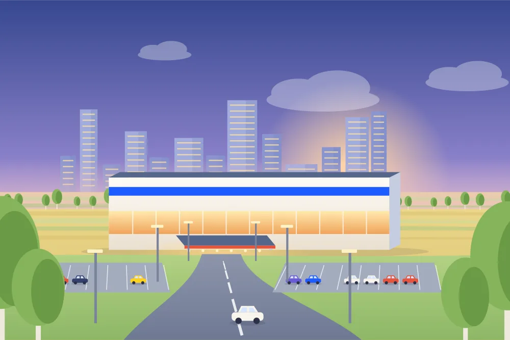 Illustration of a wide casino with a full parking lot in northeast Calgary at dusk