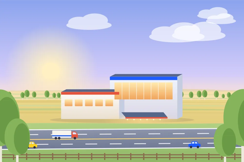 Illustration of a casino just off a busy highway in northwest Edmonton, with trucks passing