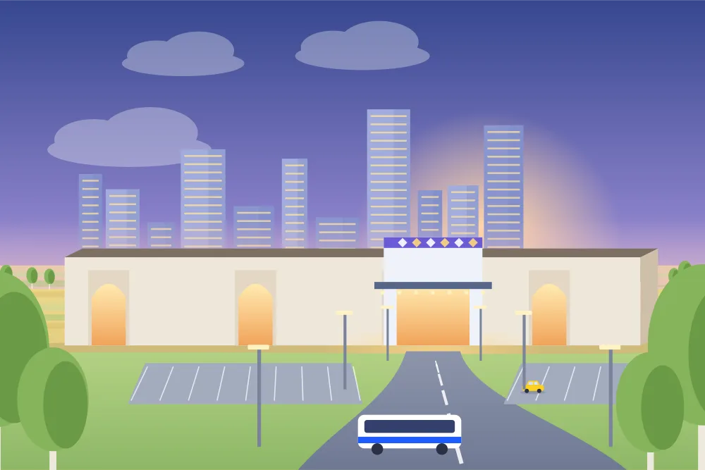 Illustration of a long shopping-mall facade at dusk with a glass casino entrance and a city bus