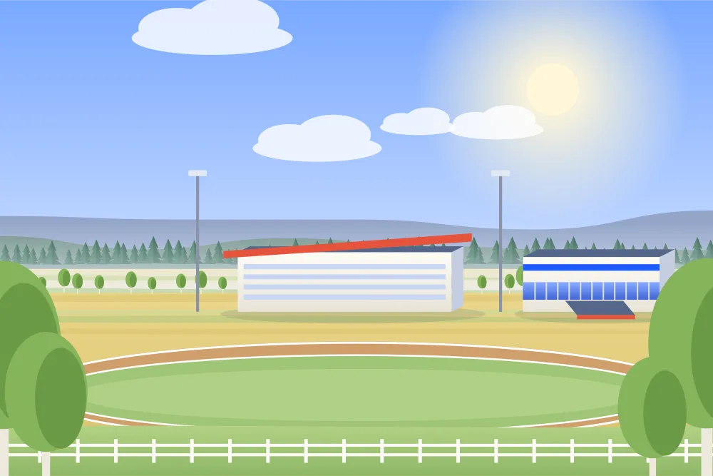 Illustration of a summer racetrack and grandstand surrounded by aspen and spruce in northern Alberta